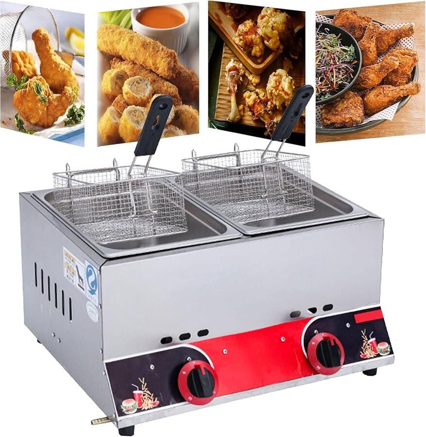 Dubbele Gasfriteuse Professionele Frituurpan Grote Porties Frituren Roestvrij Staal Constructie 22 L Inhoud Zilverkleurig