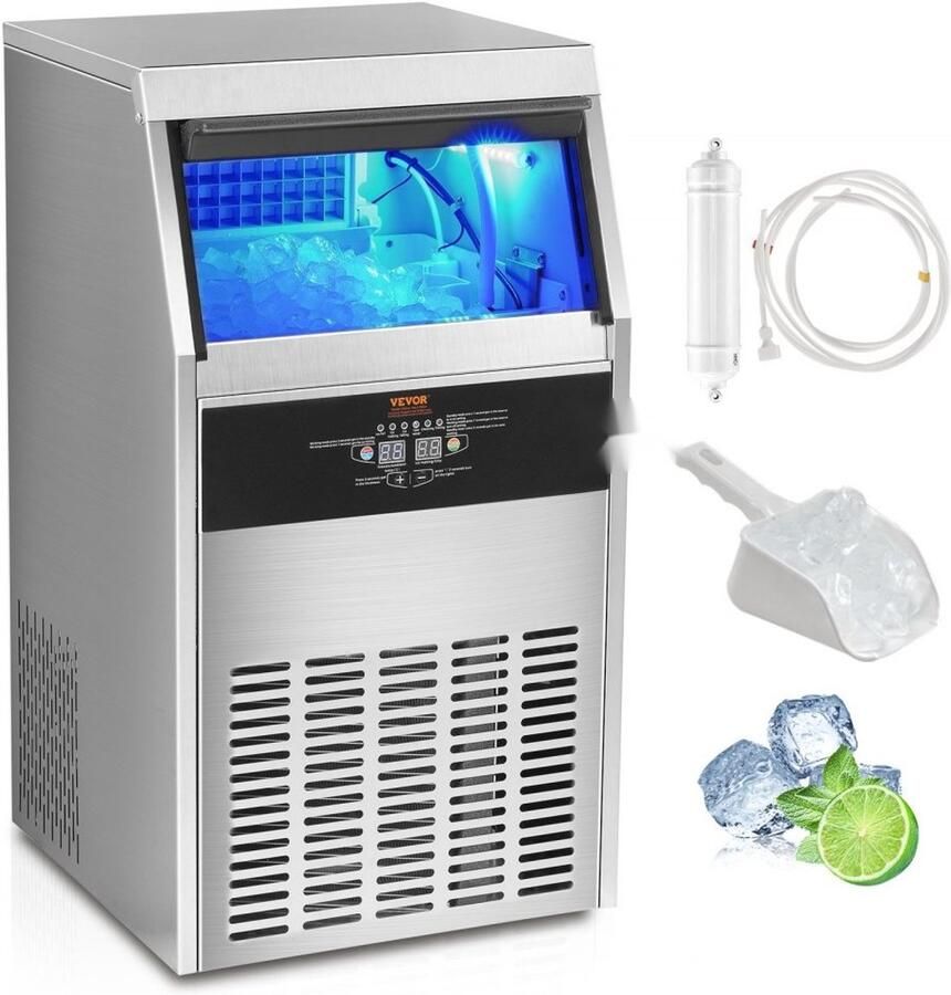 Commerciële ijsblokjesmachine Professioneel model ie 47 kg 24 uur Opslag 15 kg Per cyclus 50 ijsblokjes Roestvrij staal Met waterfilter en ijsschep