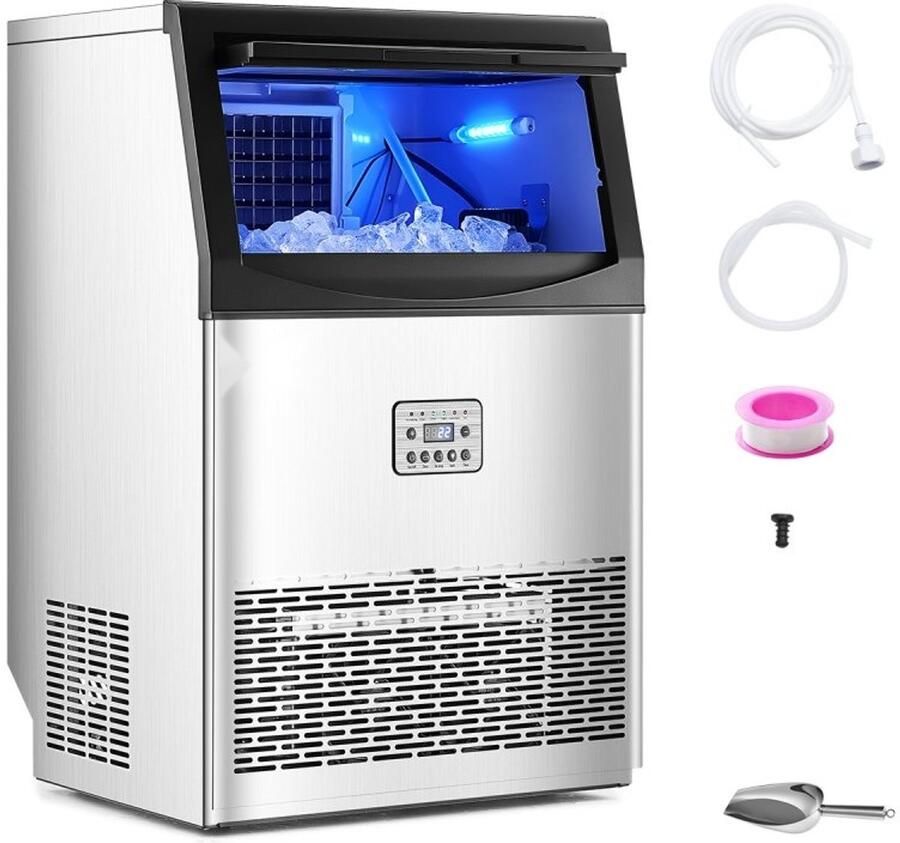 Commerciële IJsblokjesmachine Vrijstaand Capaciteit 40 82 kg dag Opslagcapaciteit 14 97 kg Produceert 50 IJsblokjes in 15 Min LED-Display Zelfreinigend