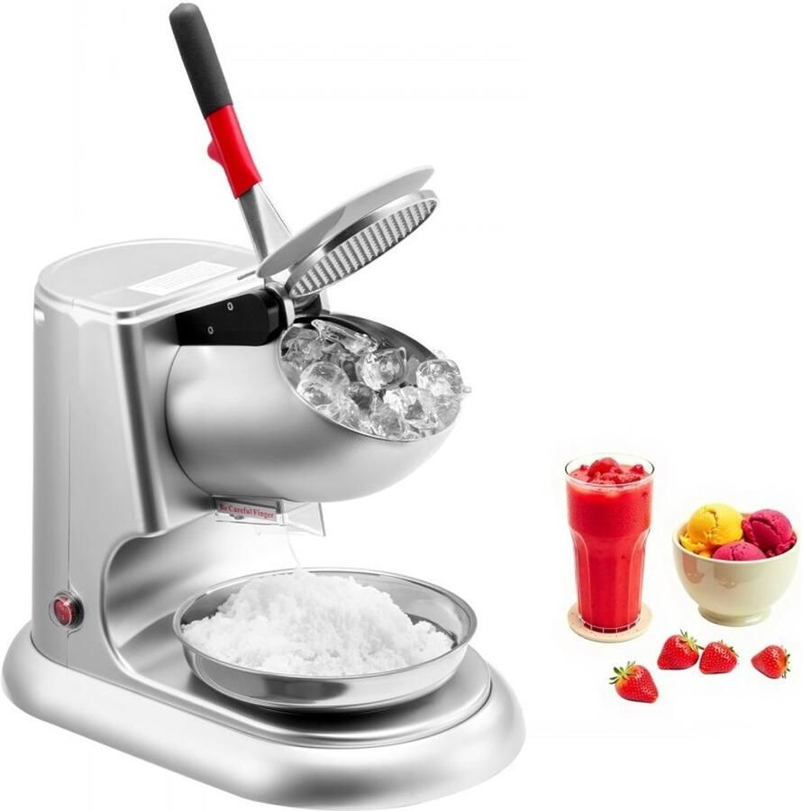 Commerciële IJscrusher Elektrische IJsschaaf & Sneeuwkegelmachine Capaciteit 100 kg uur 4 Messen Roestvrij Staal 300 W Motor 2000 tpm Met Kom en Deksel Zilver