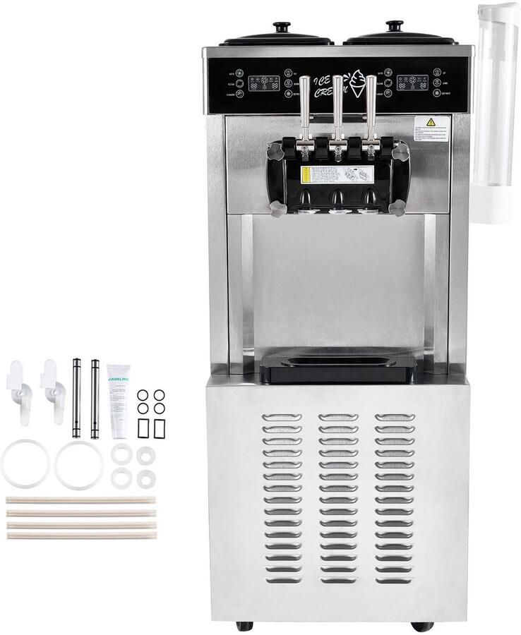 Commerciële ijsmachine 34-44 l u capaciteit 1850 W vrijstaande softijsmachine met 3 smaken 2 x 9 L roestvrijstalen containers LED-bedieningspaneel één cilinder en nachtkoeling