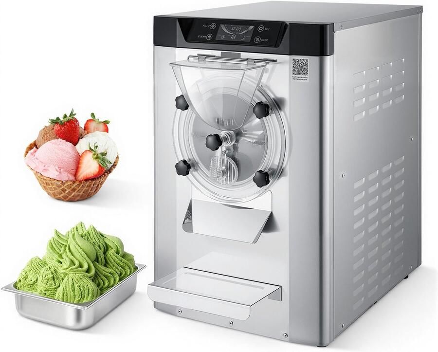 Commerciële ijsmachine Tafelmodel gelatomachine Vermogen 2000 W Capaciteit 12–20 L uur Container 6 L RVS 304 Zelfreinigend LED-bedieningspaneel Zilver