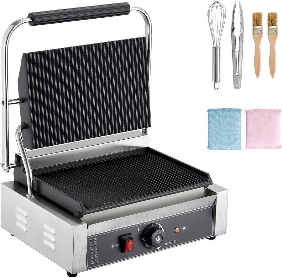 Commerciële Panini Grill Contactgrill 2200 W voor Sandwiches Steak Bacon Hamburgers Roestvrijstalen Sandwichmaker met Handvat Temperatuurregeling en 34 x 23 cm Verwarmingsplaat
