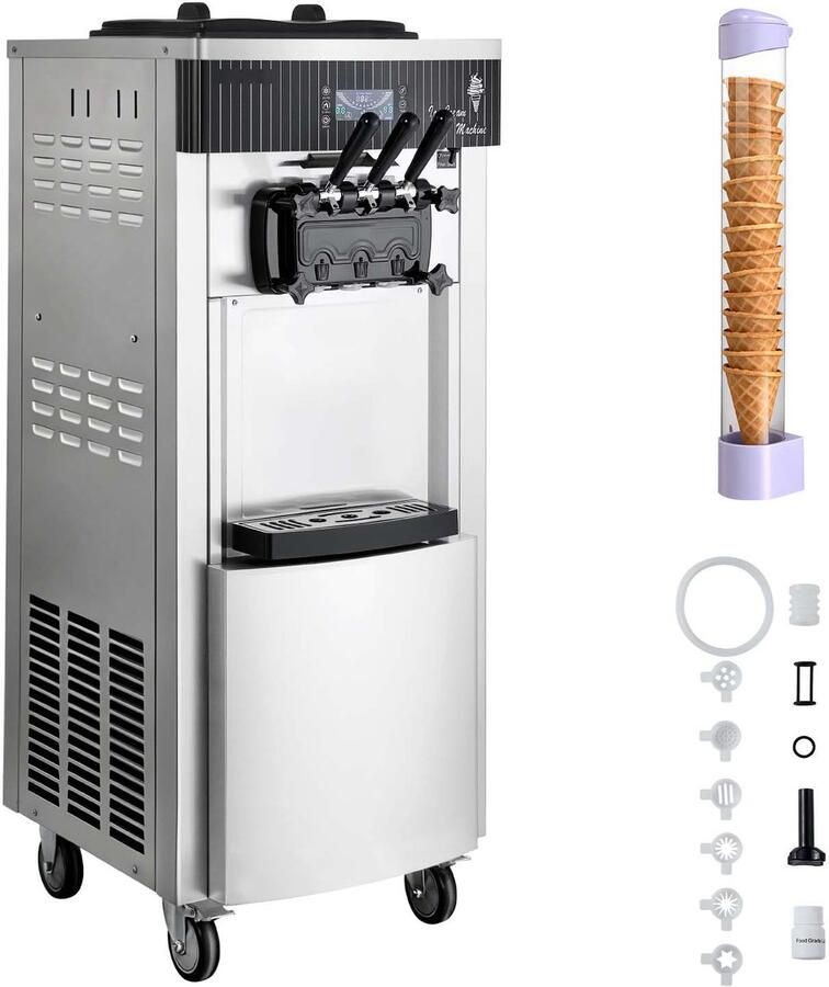 Commerciële Softijsmachine 2200 W Vrijstaande Ijsmachine met Een Capaciteit van 20-28 L U Voorzien van 3 Smaken en 2 Containers (6 L) met Voorkoeling en Zelfreinigingsfunctie voor Snack- en Dessertzaken