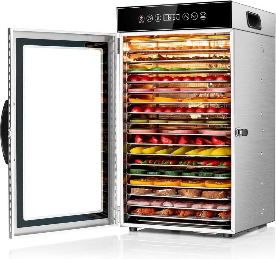Commerciële Voedsel Dehydrator Machine 18-Tray 800W Sneldrogende Dehydrater 24H Timer LED Display Roestvrij Staal Dehydrator voor Vlees Jerky Rundvlees Fruit Kruid