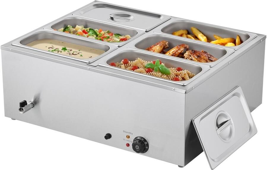 Commerciële voedselverwarmer 1500 W elektrische roestvrijstalen stoomverwarmer met deksel 6-pans snel verwarmende buffet-bain-marie voor op het aanrecht met soep- en geperforeerde pollepels ideaal voor catering restaurants en evenementen