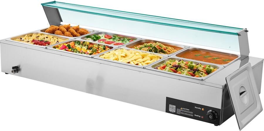 Commerciële voedselverwarmer 1700 W elektrische roestvrijstalen stoombuffetverwarmer met glazen deksel 8-pans aanrechtmodel bain-marie met soep- en geperforeerde pollepels ideaal voor catering restaurants en evenementen