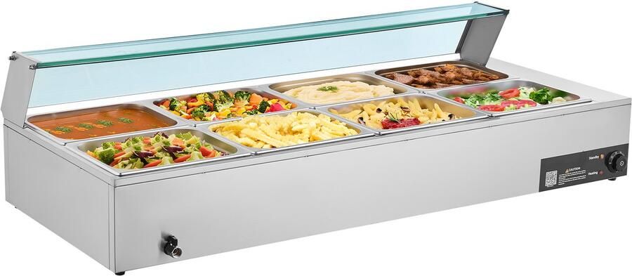 Commerciële voedselverwarmer 1700 W elektrische roestvrijstalen stoombuffetverwarmer met glazen deksel 8-pans aanrechtmodel bain-marie met soep- en geperforeerde pollepels ideaal voor catering restaurants en evenementen