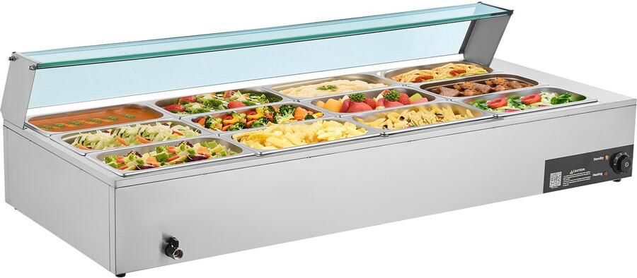 Commerciële voedselverwarmer 1700 W elektrische roestvrijstalen stoombuffetverwarmer met glazen deksel 12-pans aanrechtmodel bain-marie met soep- en geperforeerde pollepels ideaal voor catering restaurants en evenementen