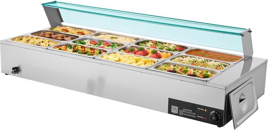 Commerciële voedselverwarmer 1700 W elektrische roestvrijstalen stoombuffetverwarmer met glazen deksel 12-pans aanrechtmodel bain-marie met soep- en geperforeerde pollepels ideaal voor catering restaurants en evenementen