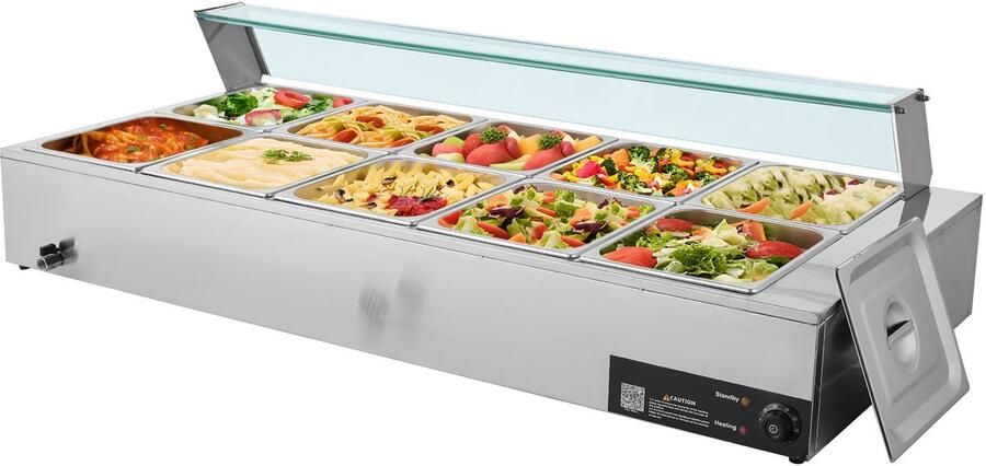 Commerciële voedselverwarmer 1700 W elektrische roestvrijstalen stoomverwarmer met glazen deksel 10-pans buffet-bain-marie voor op het aanrecht met soep- en geperforeerde pollepels ideaal voor catering restaurants en evenementen