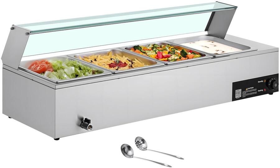 Commerciële Voedselverwarmer (4 X 1 2 Formaat Bakken) 1 5 kW Elektrische Roestvrijstalen Verwarmer met Glazen Deksel en Lepel Buffetset voor Catering Restaurants en Evenementen