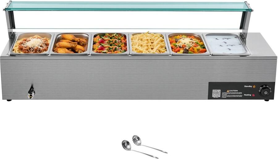 Commerciële Voedselverwarmer (6 X 1 3 Formaat Bakken) 1 5 KW Elektrische Roestvrijstalen Verwarmer met Glazen Deksel en Lepel Warmhoudapparaat voor Catering Horeca en Evenementen