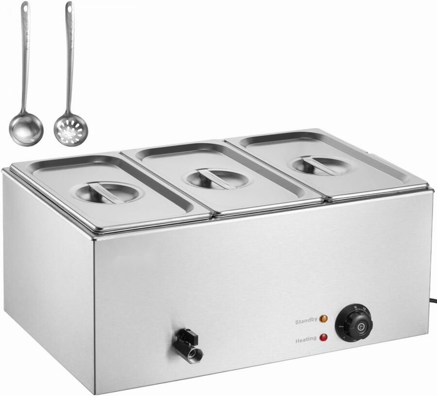 Commerciële Voedselverwarmer Buffet Bain Marie Warmhoudbad Capaciteit 16 5 L Gastronorm 3 x GN 1 3 Bakken Vermogen 1200 W Thermostaat 30-85°C RVS Zilver