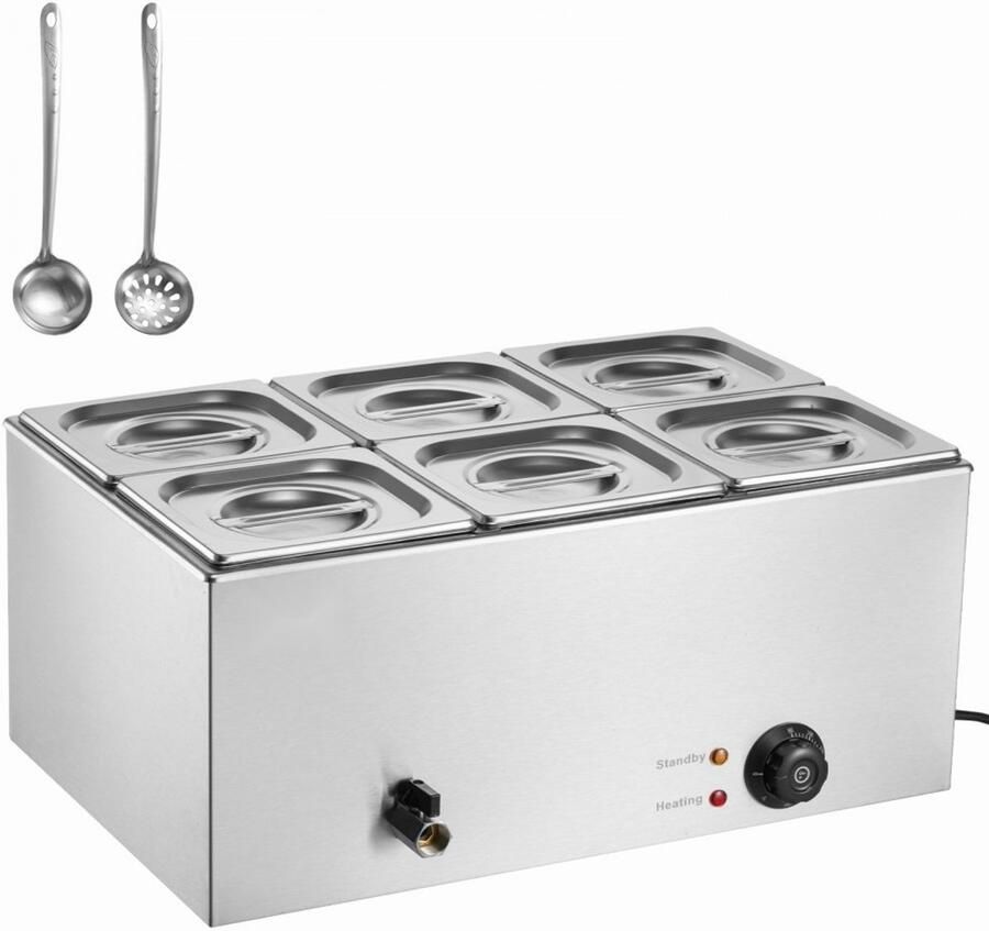 Commerciële Voedselverwarmer Elektrische Bain-marie Stoomtafel 6 GN 1 6 Bakken 1200 W Temperatuurbereik 30-80°C RVS