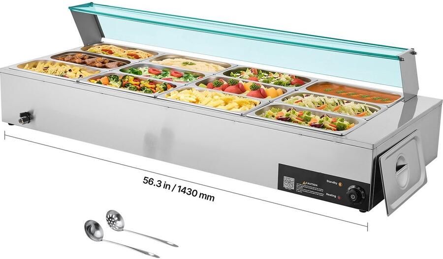 Commerciële Voedselverwarmer Elektrische Bain-marie Chafing Dish Vermogen 1 7 kW Set 12x GN 1 3 Bakken RVS Glazen Deksel Met Soeplepel