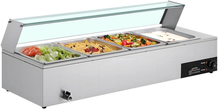 Commerciële Voedselverwarmer Elektrische Buffet Bain-Marie Chafing Dish 4x GN 1 2 Bakken 1500 W RVS Glazen Deksel & Soeplepel Voor Catering Restaurant & Feesten