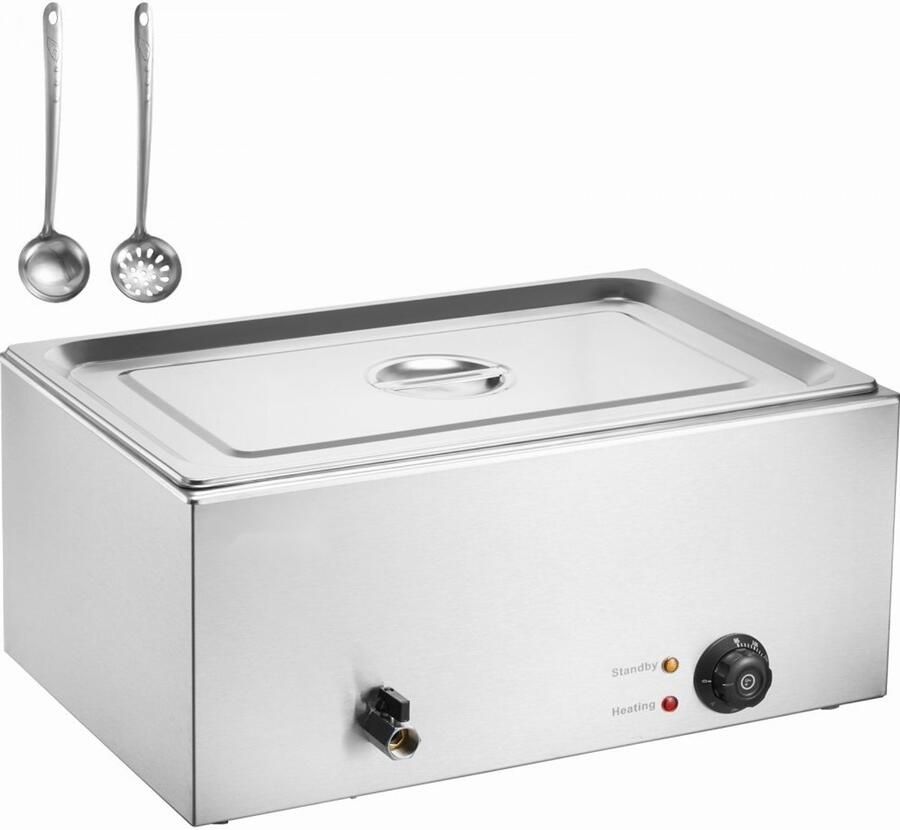 Commerciële Voedselverwarmer Elektrische Stoomtafel Bain-Marie 1200 W RVS Temperatuurregeling 30-80°C Volledig Formaat Voor Buffet & Catering Zilver
