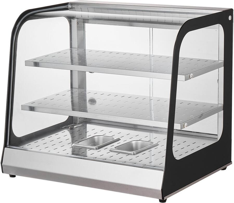 Commerciële voedselverwarmer met 2 standen 850 W met gehard glas en stoomverwarming. Temperatuurregeling van 30 °C tot 85 °C. Inhoud van 111 l voor hamburgers pizza's brood