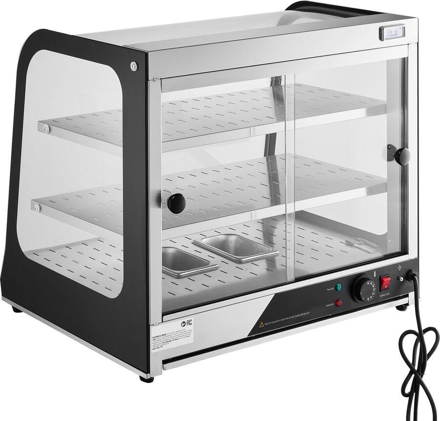 Commerciële voedselverwarmer met 2 standen 850 W met gehard glas en stoomverwarming. Temperatuurregeling van 30 °C tot 85 °C. Inhoud van 111 l voor hamburgers pizza's brood