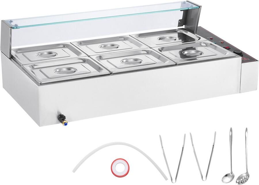 Commerciële voedselverwarmer voor 6 pannen 1500 W elektrische stoomtafel zilver