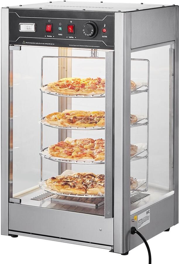Commerciële voedselverwarmer voor pizza's van 14 inch 4-traps verwarmer met roterende stoomverwarming temperatuurregeling van 30 °C tot 85 °C 25 W-lamp en LED-lampje bovenop voor pizzeria's