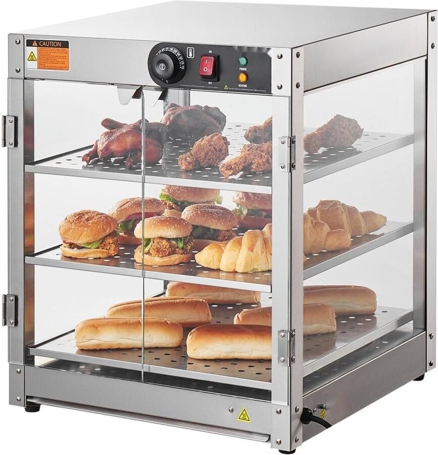 Commerciële Voedselverwarmer Warmhoudvitrine Drie-Laags Capaciteit 90L Vermogen 800W Temperatuur 30-85°C Met Verlichting Voor Pizza Brood en Snacks