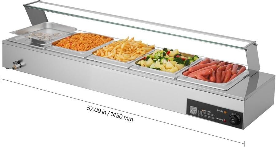 Commerciële Voedselwarmer Buffetwarmer Waterbad Bain-Marie 5x 1 2 GN Bakken Glazen Deksel 1 5 kW Roestvrij Staal Voor Restaurants