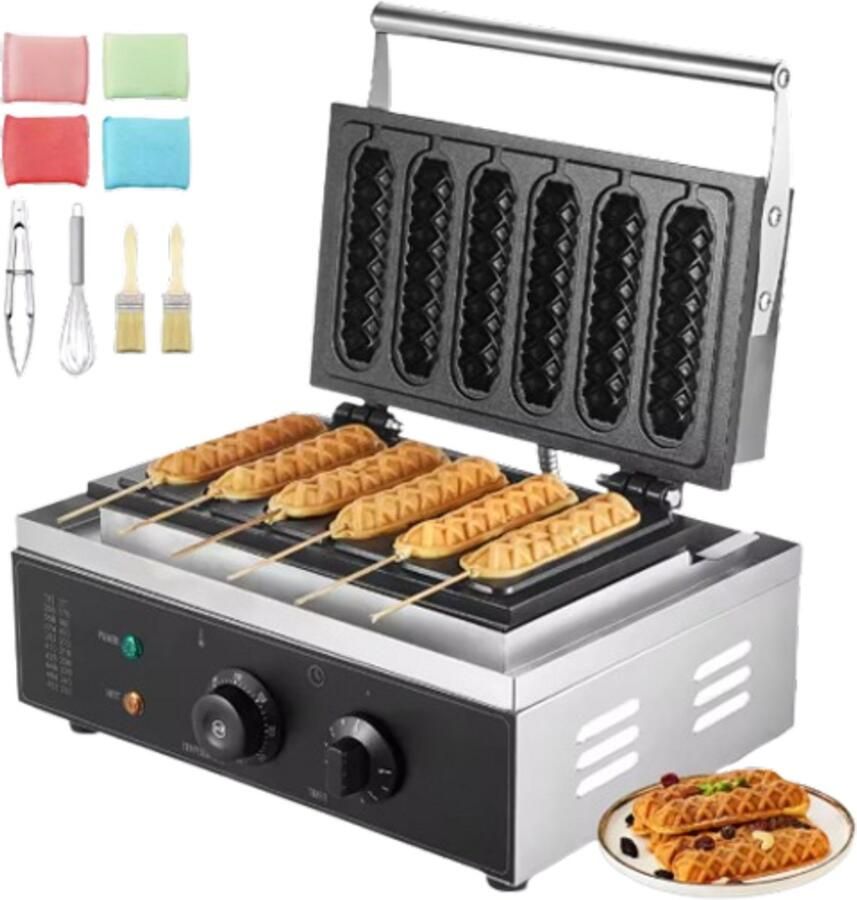 Commerciële Wafelstok Maker 6PCS Non-stick RVS Hot Dog Wafelijzer Ideaal voor Restaurant & Thuis Café Snelle Bereiding Instelbare Temperatuur Eenvoudig Schoon te Maken DIY Wafels Knapperig van Buiten Donzig van Binnen