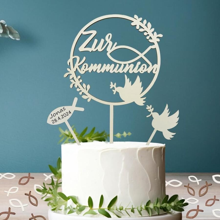 Communie 3 stuks taarttoppers + 48 stuks houten vissen strooidecoratie tafeldecoratie taartdecoratie taartstekers set voor eerste communie jongens en meisjes