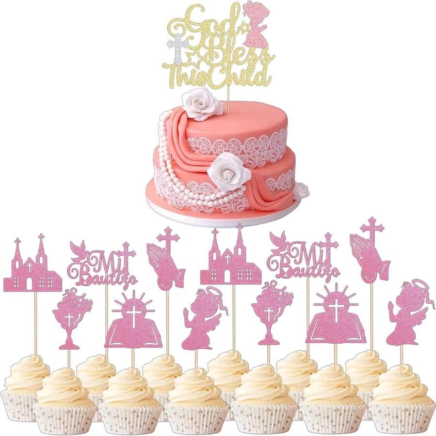Communie 7 Stijlen 13 Stuks Meisjes Communie Cake Topper Set Inclusief 1 Groot Cake Topper en 12 Kleine Cupcake Toppers in Roze
