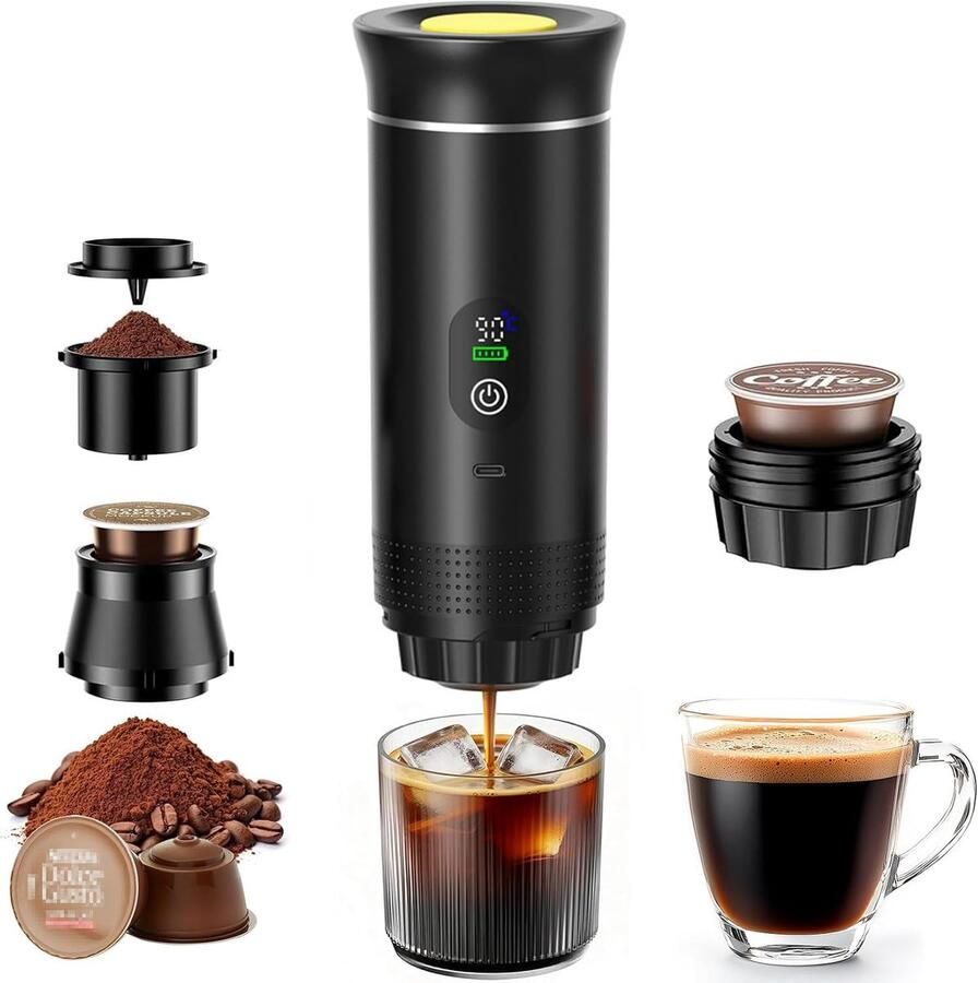 Compact 3-in-1 koffiezetapparaat voor onderweg ideaal voor thuis en op reis zwart