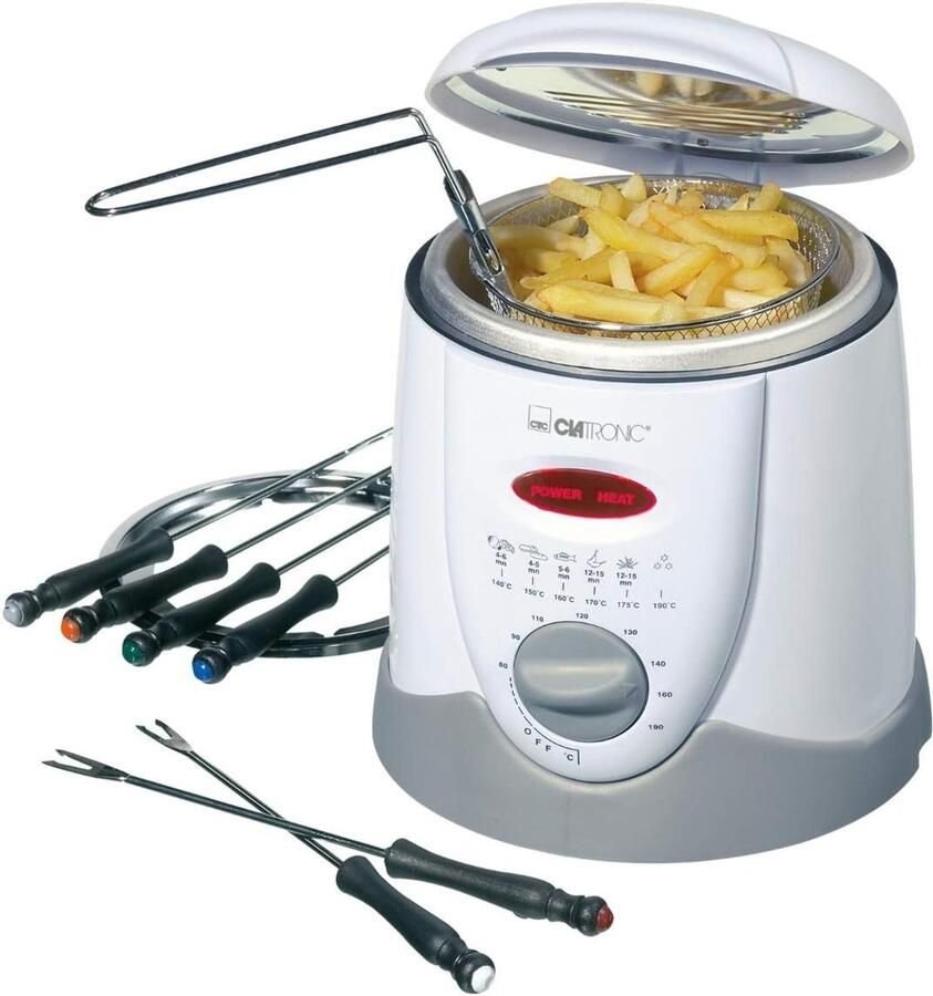 Compacte 2-in-1 Frituur Fondue Kleine porties Verwisselbaar vetfilter 1 liter capaciteit Wit Grijs