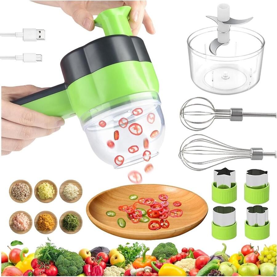 Compacte 4-in-1 Elektrische Voedselhakker en Mini Blender voor Groenten Fruit en Vlees met USB Oplaadfunctie Ideaal voor Koken en Bereiden van Maaltijden