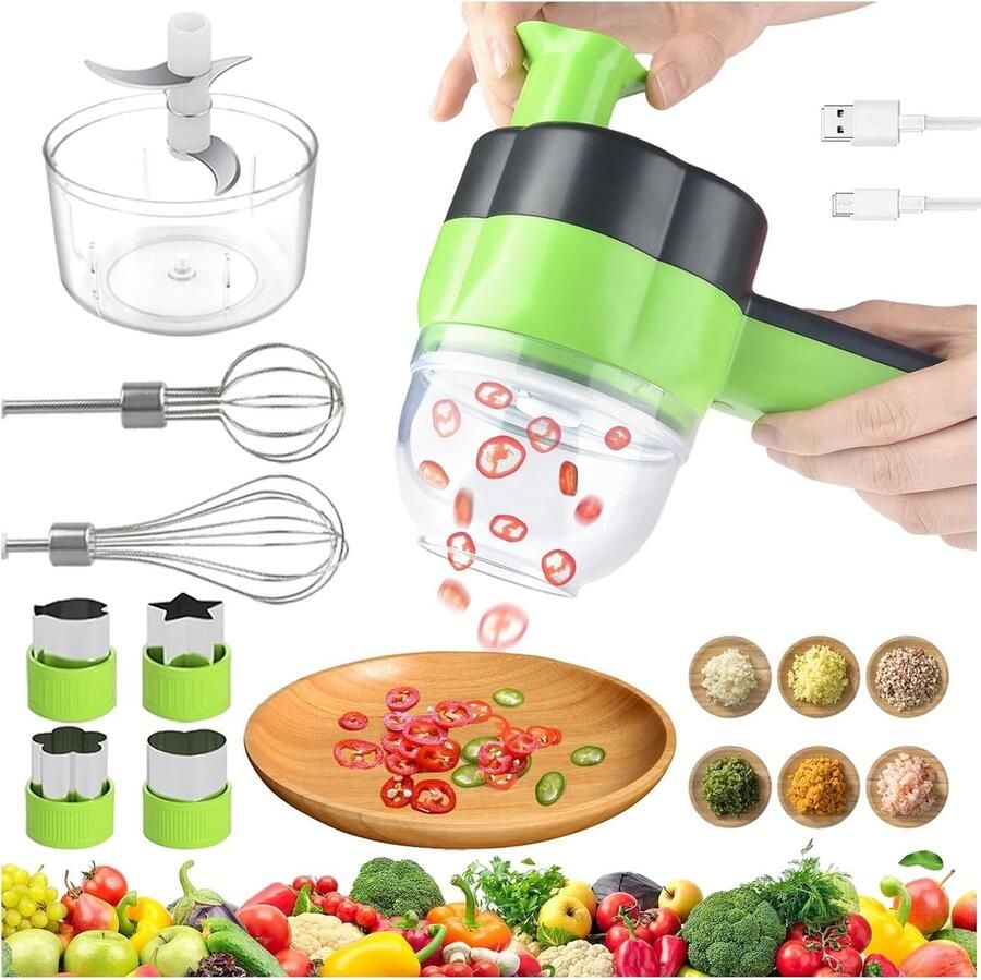 Compacte 4-in-1 Elektrische Voedselverwerker en Mini Blender voor Groenten Fruit en Vlees met USB Oplaadfunctie Ideaal voor Snijden en Mixen in de Keuken