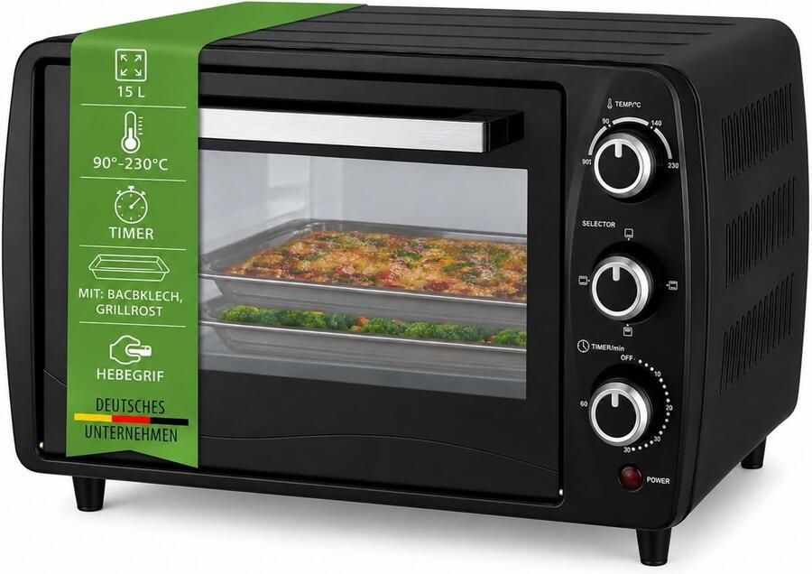 Compacte mini-oven 15 liter 1200 W 60 min-timer 3 kookfuncties 90 °-230 °C kleine campingoven antraciet 2 jaar garantie
