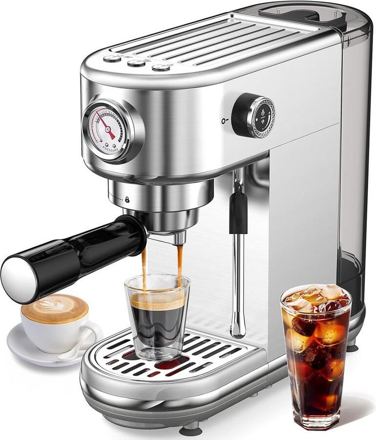 Compacte RVS Espressomachine met Krachtige 20 Bar Pomp en Melkopschuimer