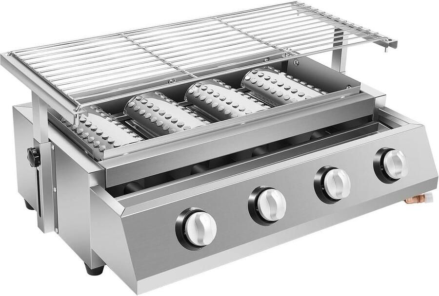 Compacte Tafelgrill Gas Grill Buiten Koken Vier Onafhankelijke Branders 56 x 23 cm Zilver