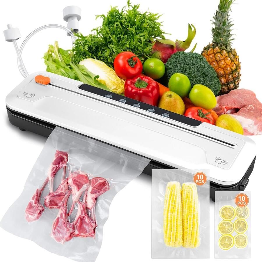 Compacte vacuümmachine met een zuigkracht van 65 kPa automatische vacuümmachine speciaal voor levensmiddelen inclusief vacuümzakjes voor levensmiddelen voor thuisgebruik (wit)