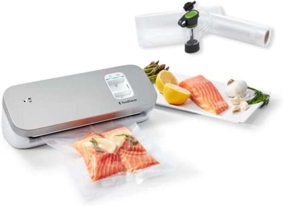 Compacte vacuümmachine voor levensmiddelen met afdichtingsslang en accessoires