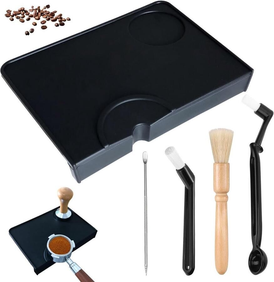 Complete Barista Accessoires Set: Siliconen Tampermat met Randbescherming & Koffiezetapparaat Reinigingsborstels