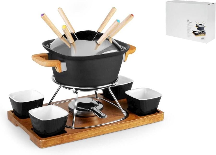 Complete Fondue Set met Houten Basis en 6 Vorken