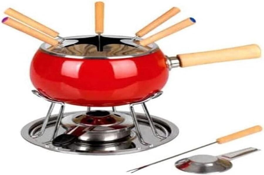 Complete Fondue Set voor 6 Personen Rood Emaille Pan & Roestvrijstalen Accessoires