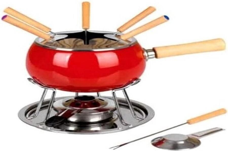 Complete fondueset voor 6 personen Rode emaillepan met roestvrijstalen accessoires