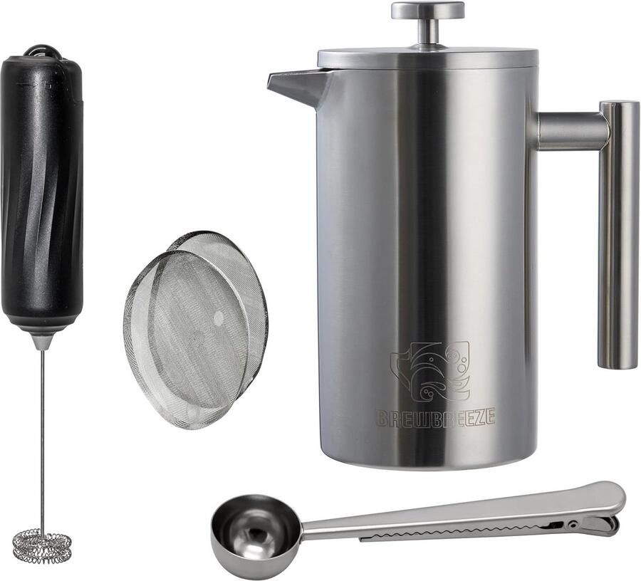 Complete Koffieset met Franse Pers (1L) en Elektrische Melkopschuimer RVS Zilver