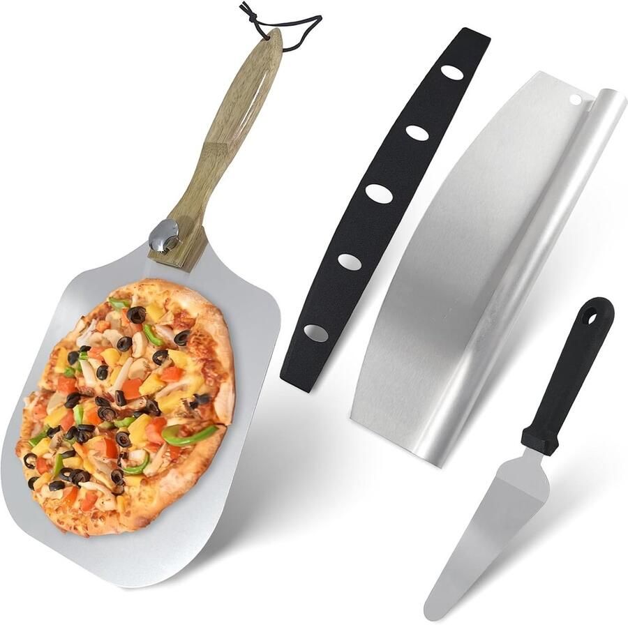 Complete Pizza Set met Aluminium Pizza Schep 30 cm Houten Handvat RVS Pizza Snijder en Kaasschep voor Ovengebruik