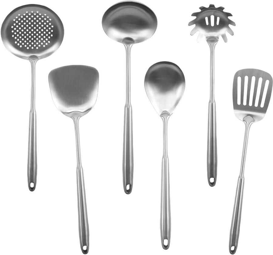 Complete Set Keukengerei van RVS 6-delige Kookgerei met Lange Handvatten en Spatel voor Efficiënt Koken en Bakken