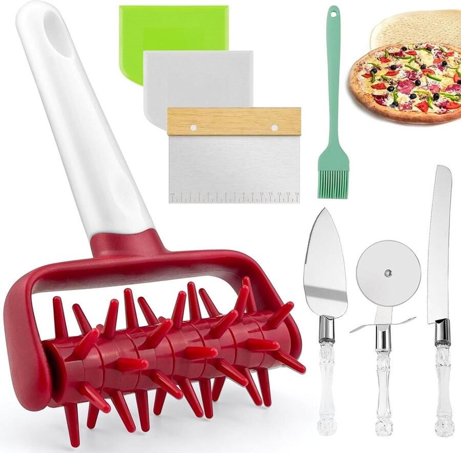 Complete set van 8 pizza-accessoires met deegroller pizzamessen deegschrapers en bakborstel voor thuis en professioneel gebruik
