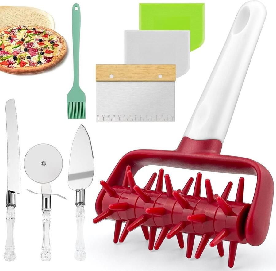 Complete set van 8 pizzaaccessoires met deegroller pizzacutters en deegschrapers voor thuis en professioneel gebruik