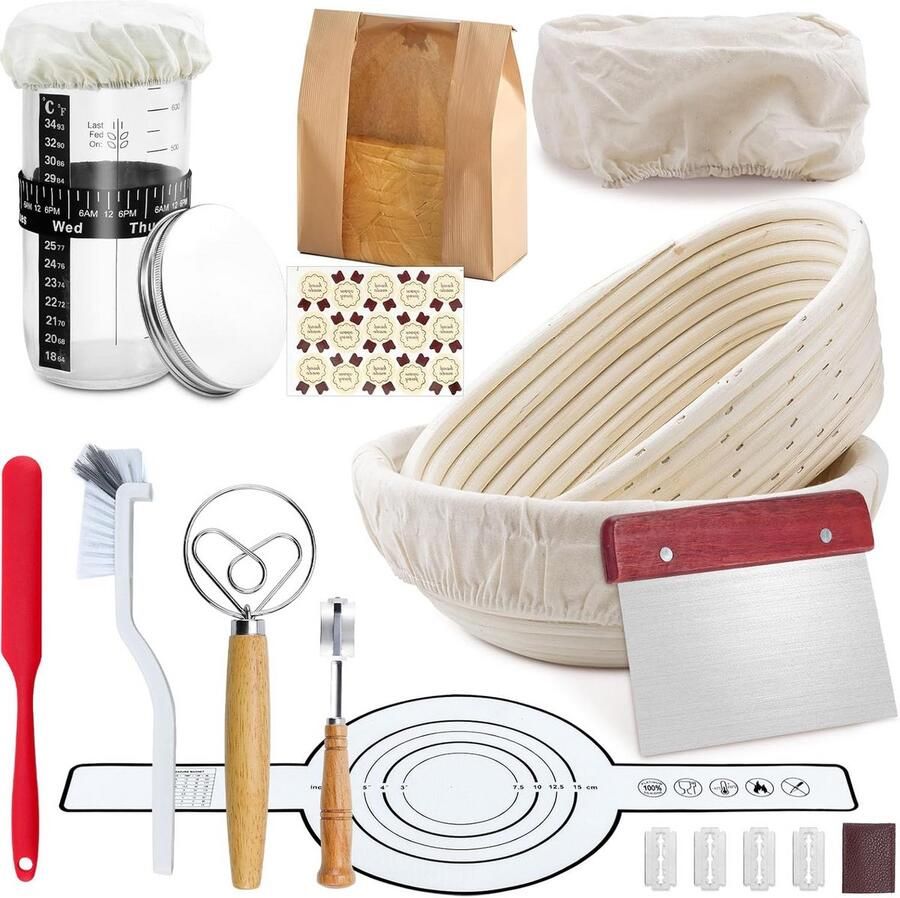 Complete Starterset voor Sourdough Ovale en Ronde Broodmand Silicone Ondersteuning en Levenslange Vrije Natuurlijke Fermentatie Pot